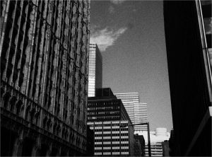buildings in midtown New York in black and white